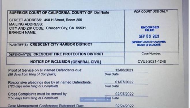 BREAKING NEWS: Crescent City Harbor District filed Lawsuit against Crescent Fire District